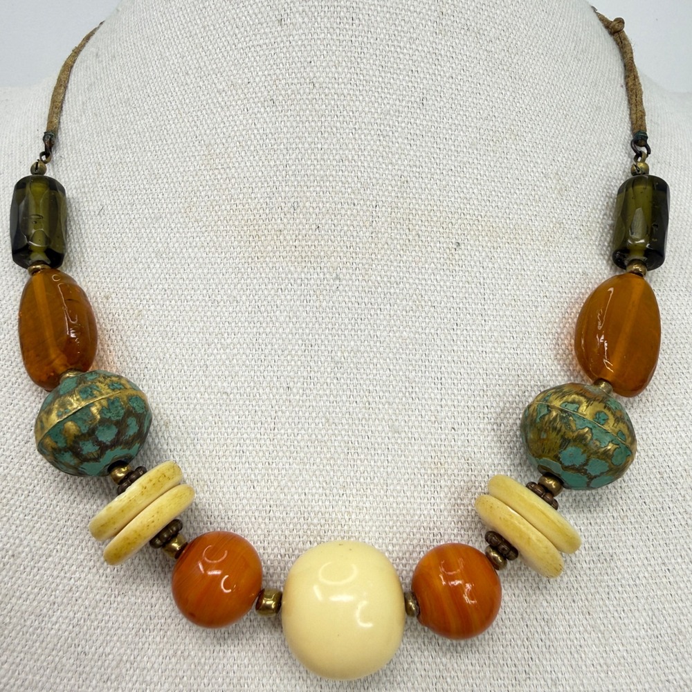 Boho Statement Necklace Mixed Bead Chunky Amber Teal Cream Natural Neutral‎